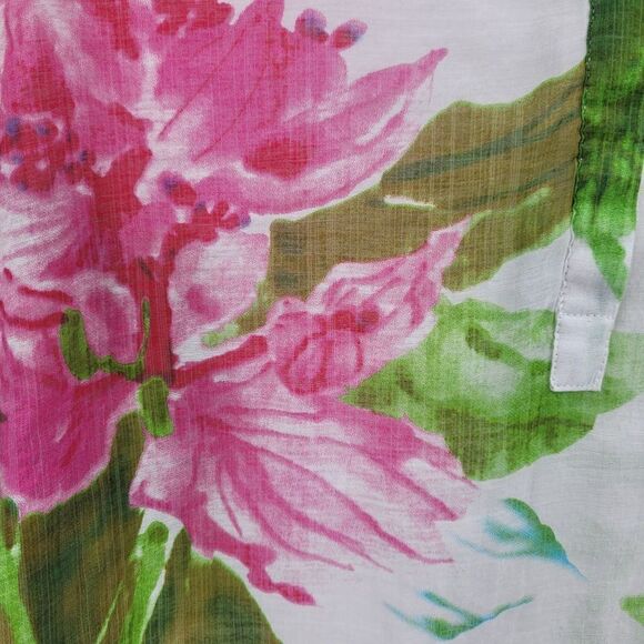 Vintage Tropical Gauze Beach Coverup Top Blouse XL White Floral Tab Sleeve Aloha - Picture 2 of 13